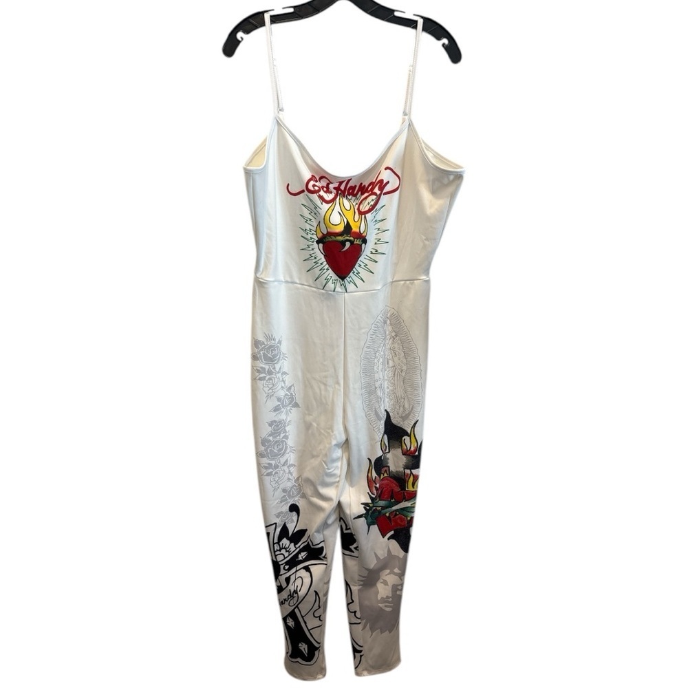 ED HARDY 2x NWT sacred heart graphic covered jumpsuit skin tight white - Picture 4 of 16